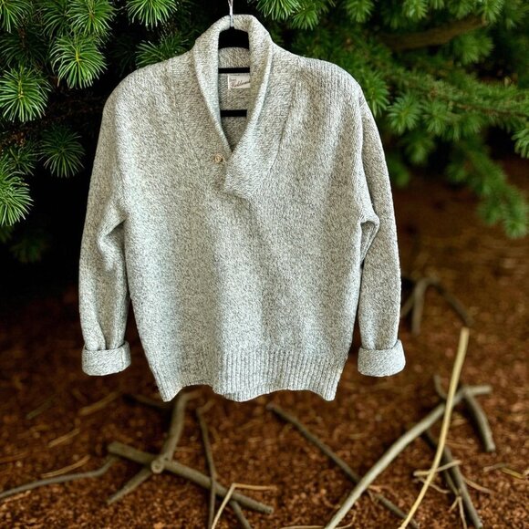 Vintage Oatmeal Heather Marl Rag Wool Sears Fieldmaster Shawl Collar Sweater - Picture 1 of 7